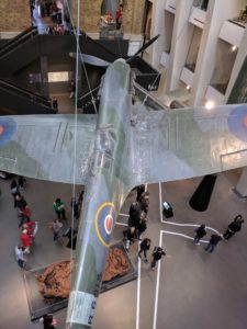 A supermrine Spitfire suspended at the Imperial War Museum