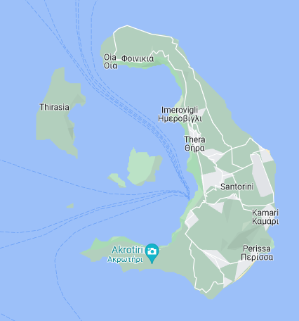 A map of the island of Santorini. Screenshot from Google Maps.